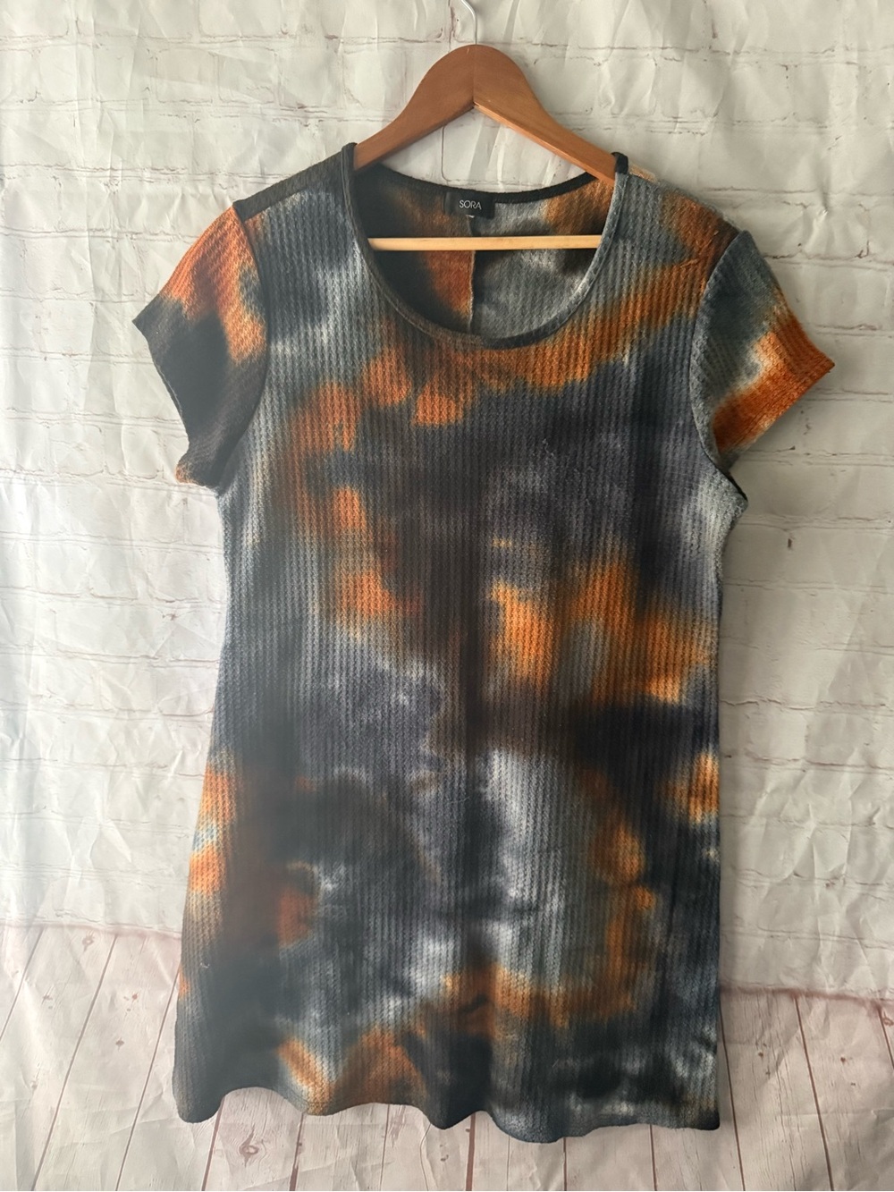 Sora Women's Size XL Waffle Knit Tie-Dye Tunic Dress in Black, Orange & Gray